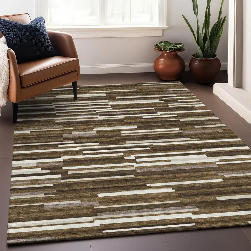 Brown And Ivory Striped Washable Area Rug With UV Protection Photo 5