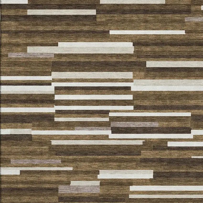 Brown And Ivory Striped Washable Area Rug With UV Protection Photo 3