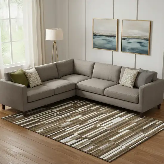 Brown And Ivory Striped Washable Area Rug With UV Protection Photo 1