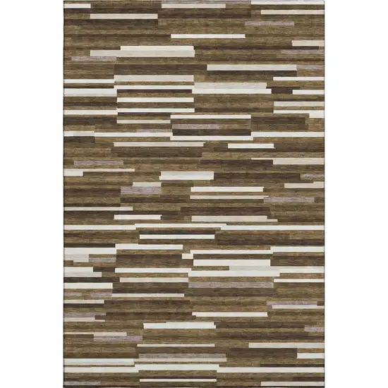Brown And Ivory Striped Washable Area Rug With UV Protection Photo 1
