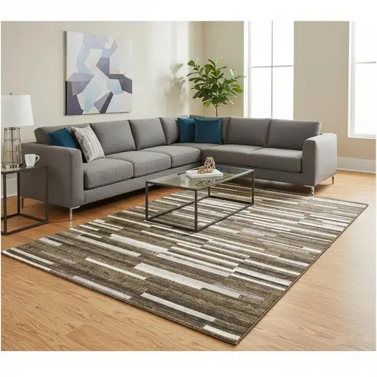Brown And Ivory Striped Washable Area Rug With UV Protection Photo 2