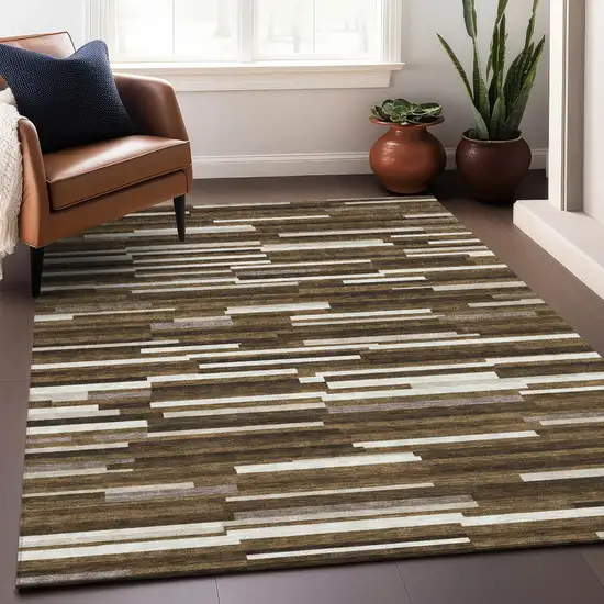 Brown And Ivory Striped Washable Area Rug With UV Protection Photo 5
