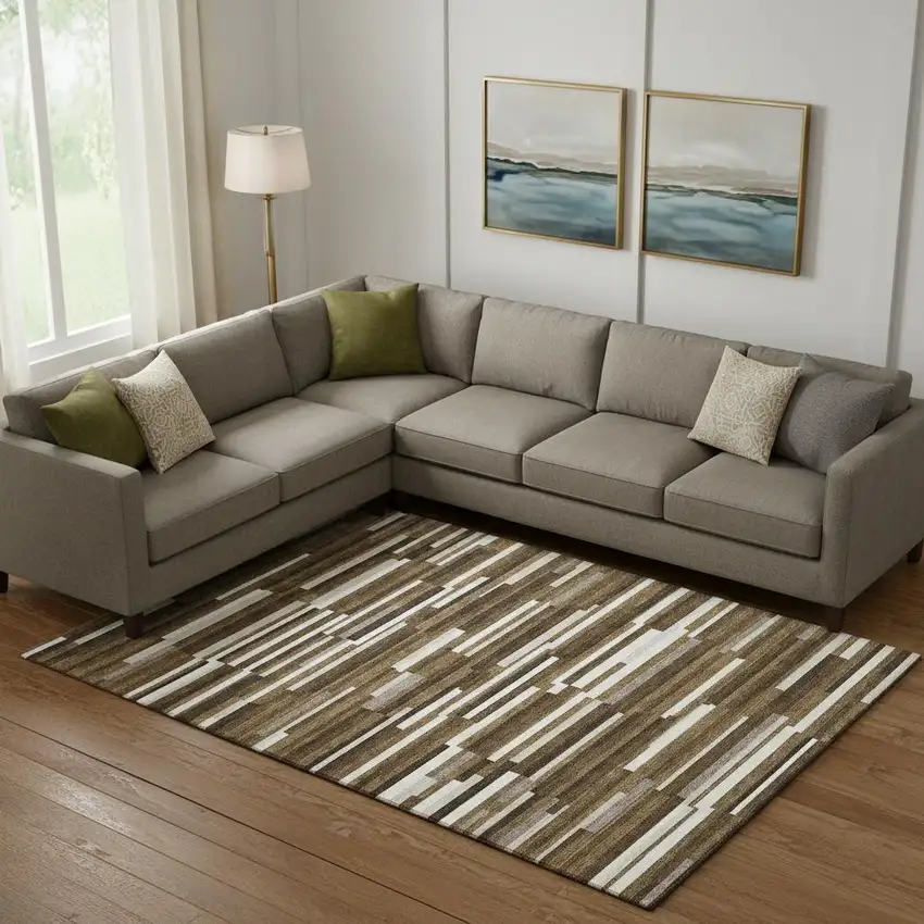 Brown And Ivory Striped Washable Area Rug With UV Protection Photo 1