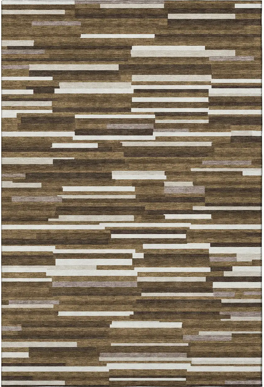 Brown And Ivory Striped Washable Area Rug With UV Protection Photo 4