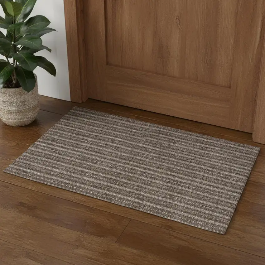 Brown And Ivory Striped Washable Area Rug With UV Protection Photo 1