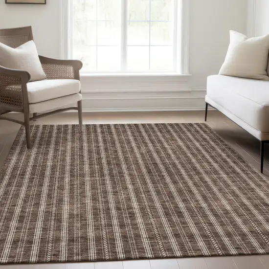 Brown And Ivory Striped Washable Area Rug With UV Protection Photo 4
