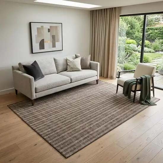 Brown And Ivory Striped Washable Area Rug With UV Protection Photo 1