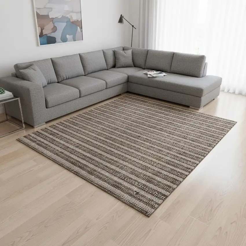 Brown And Ivory Striped Washable Area Rug With UV Protection Photo 2