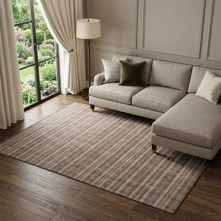 Brown And Ivory Striped Washable Area Rug With UV Protection Photo 1