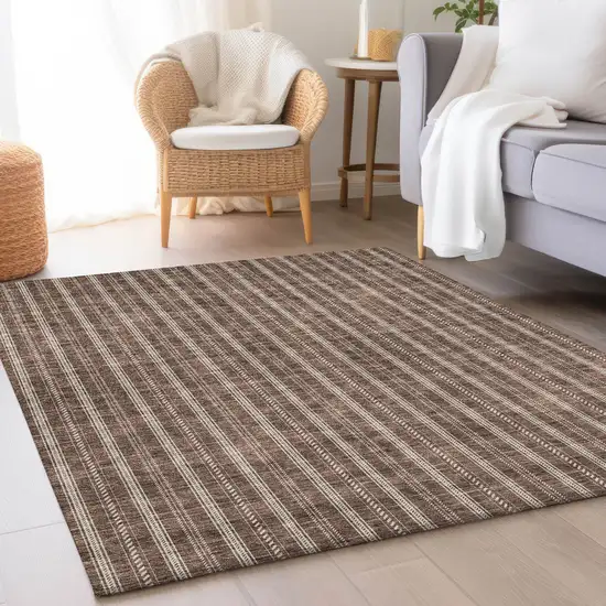 Brown And Ivory Striped Washable Area Rug With UV Protection Photo 4