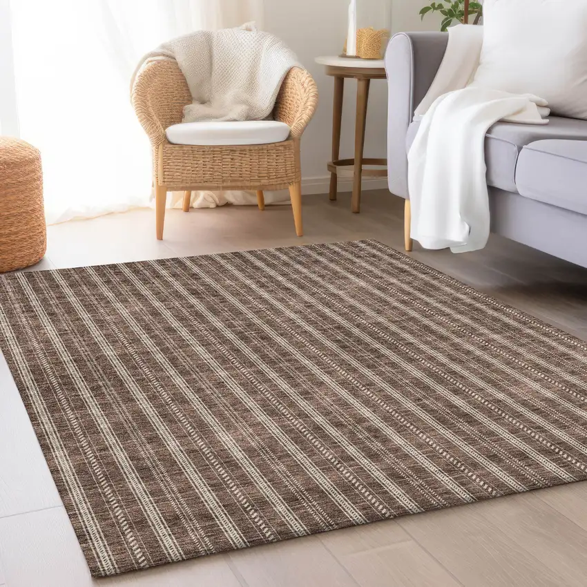 Brown And Ivory Striped Washable Area Rug With UV Protection Photo 4