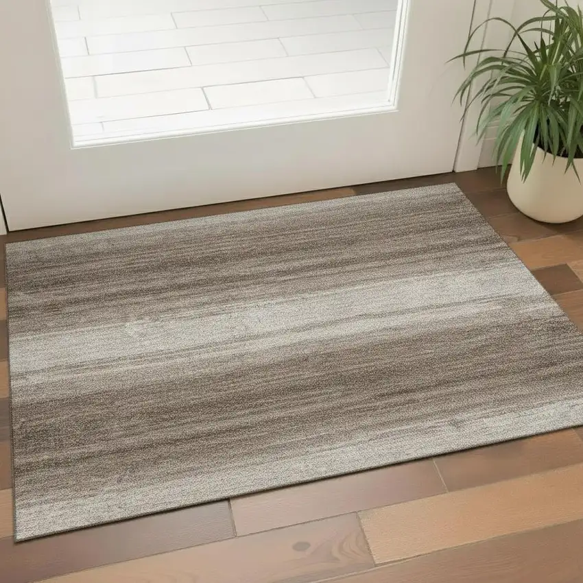 Brown And Ivory Striped Washable Area Rug With UV Protection Photo 2