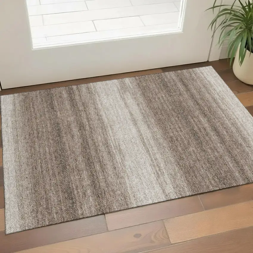 Brown And Ivory Striped Washable Area Rug With UV Protection Photo 1