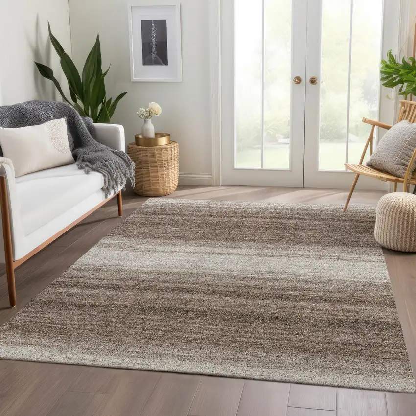 Brown And Ivory Striped Washable Area Rug With UV Protection Photo 5