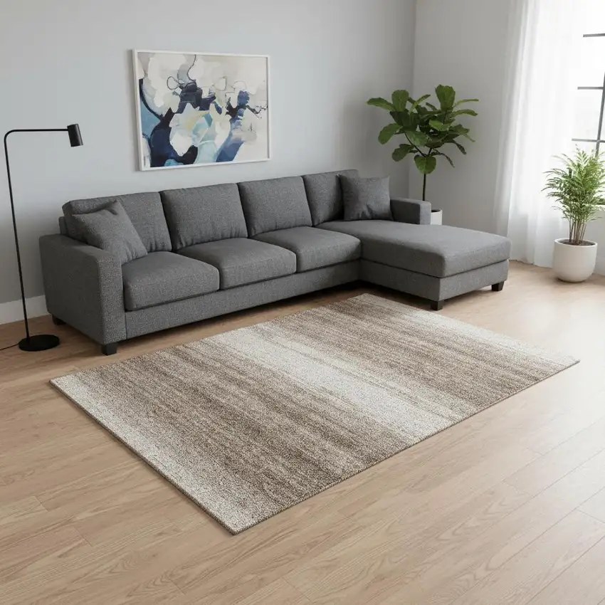 Brown And Ivory Striped Washable Area Rug With UV Protection Photo 2