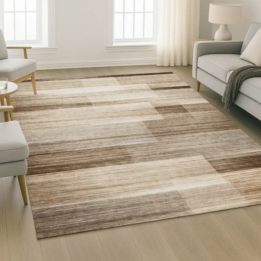 Brown And Ivory Striped Washable Area Rug With UV Protection Photo 3