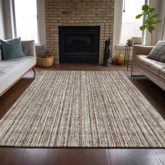 Brown And Ivory Striped Washable Indoor Outdoor Area Rug Photo 8