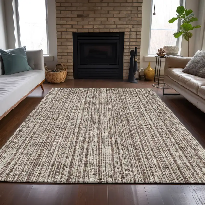 Brown And Ivory Striped Washable Indoor Outdoor Area Rug Photo 7