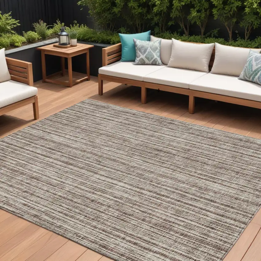 Brown And Ivory Striped Washable Indoor Outdoor Area Rug Photo 1
