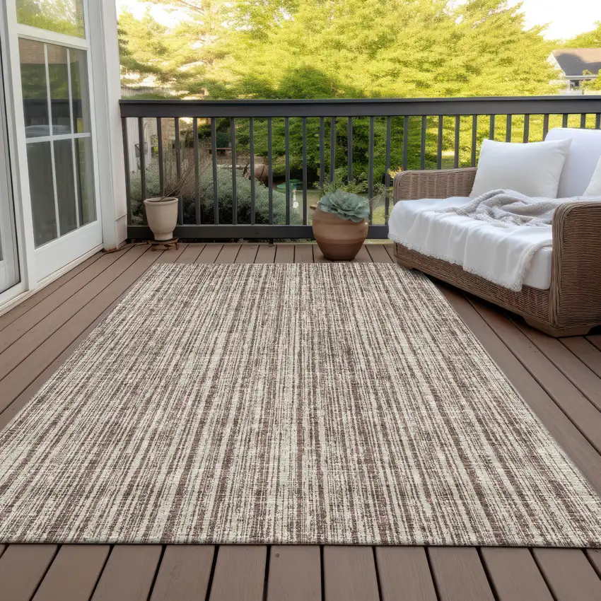 Brown And Ivory Striped Washable Indoor Outdoor Area Rug Photo 5