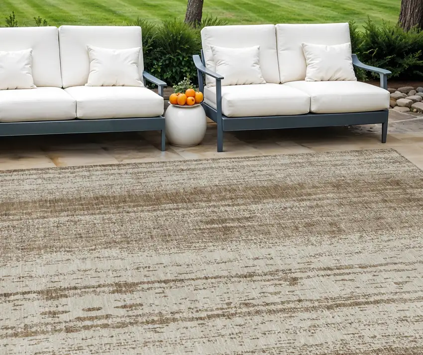 Brown And Ivory Striped Washable Indoor Outdoor Area Rug Photo 1