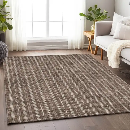 Brown And Ivory Striped Washable Indoor Outdoor Area Rug Photo 7