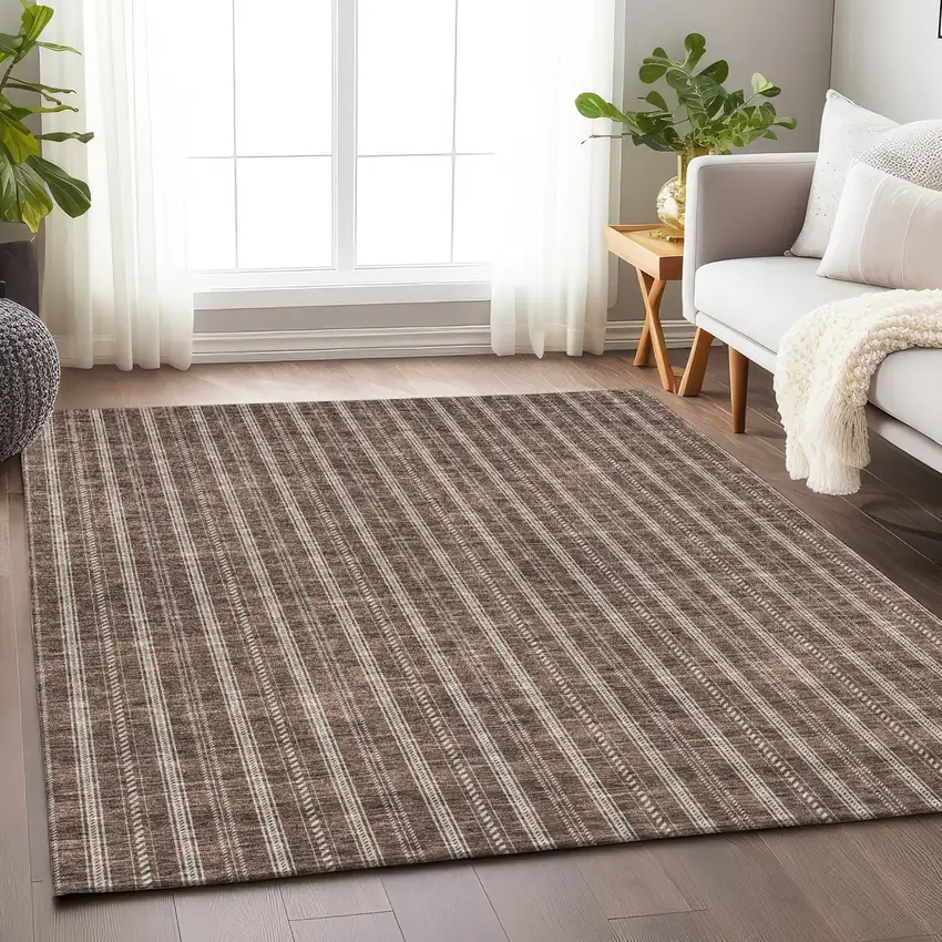 Brown And Ivory Striped Washable Indoor Outdoor Area Rug Photo 7