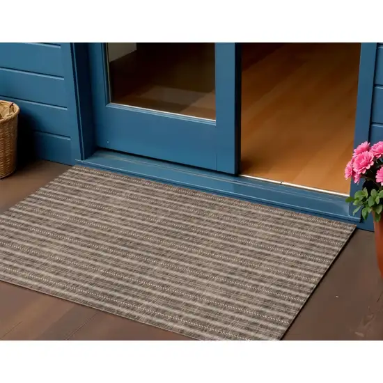 Brown And Ivory Striped Washable Indoor Outdoor Area Rug Photo 1