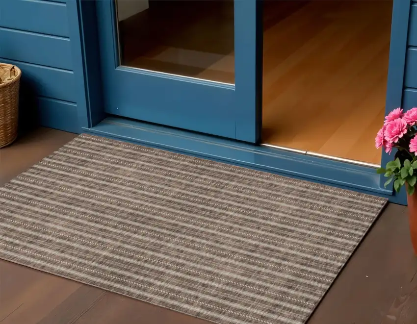 Brown And Ivory Striped Washable Indoor Outdoor Area Rug Photo 1