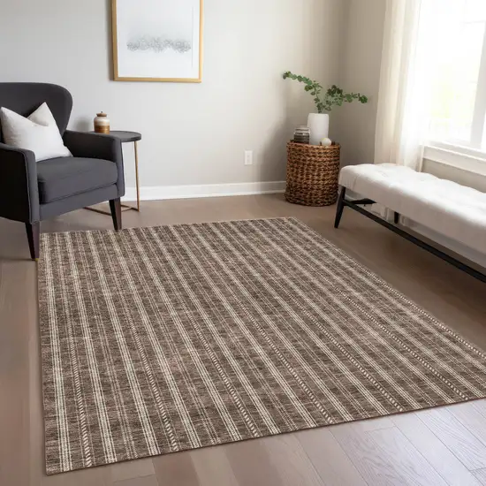Brown And Ivory Striped Washable Indoor Outdoor Area Rug Photo 8
