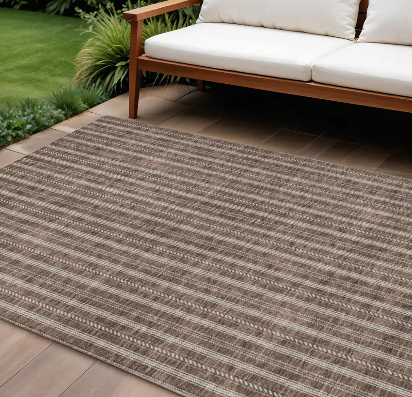 Brown And Ivory Striped Washable Indoor Outdoor Area Rug Photo 1