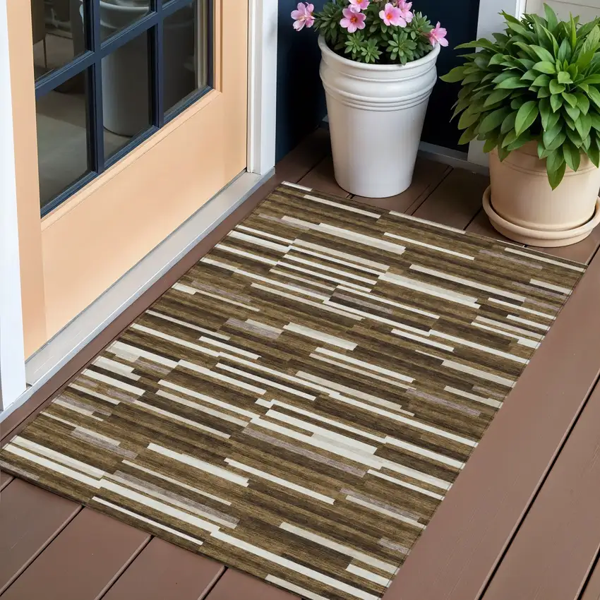 Brown And Ivory Striped Washable Indoor Outdoor Area Rug Photo 1