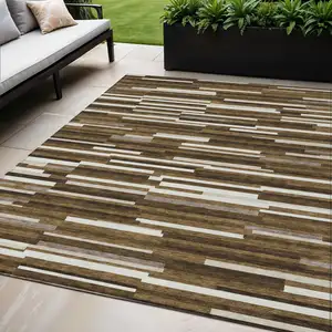 Photo of Brown And Ivory Striped Washable Indoor Outdoor Area Rug