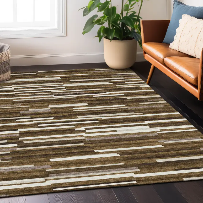 Brown And Ivory Striped Washable Indoor Outdoor Area Rug Photo 9