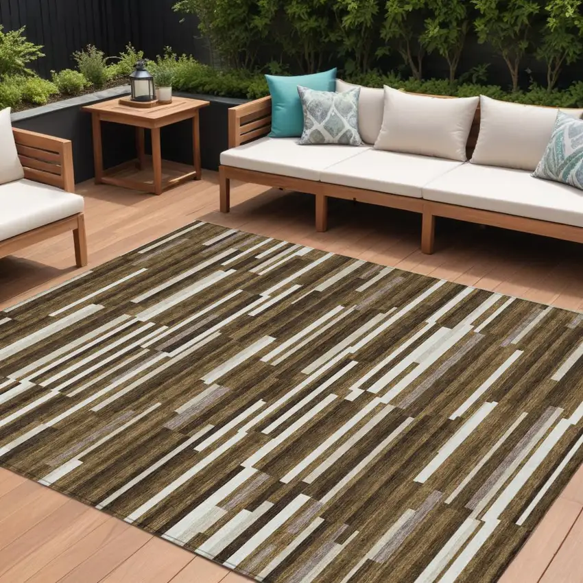 Brown And Ivory Striped Washable Indoor Outdoor Area Rug Photo 1