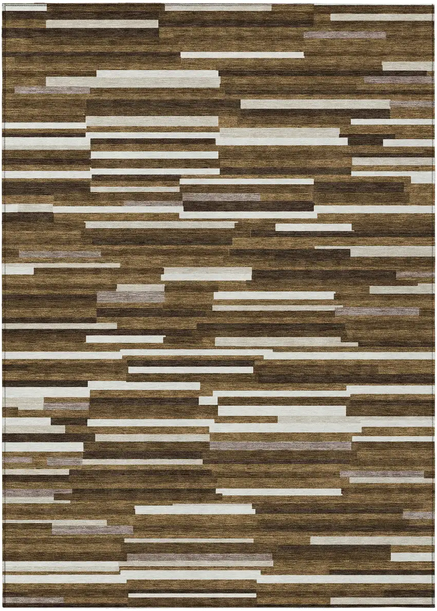Brown And Ivory Striped Washable Indoor Outdoor Area Rug Photo 2
