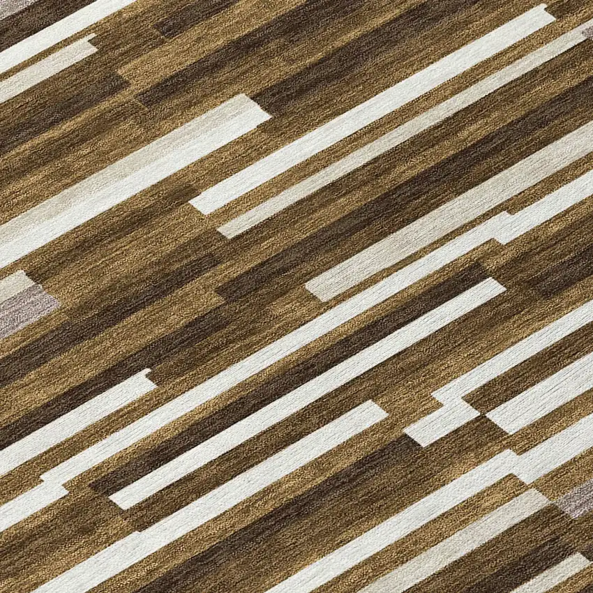 Brown And Ivory Striped Washable Indoor Outdoor Area Rug Photo 5