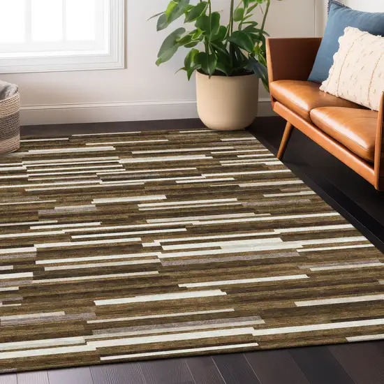 Brown And Ivory Striped Washable Indoor Outdoor Area Rug Photo 9
