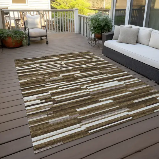 Brown And Ivory Striped Washable Indoor Outdoor Area Rug Photo 9