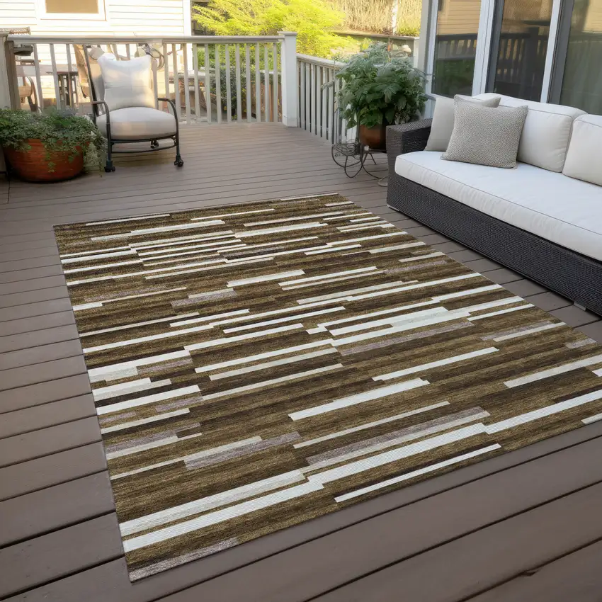 Brown And Ivory Striped Washable Indoor Outdoor Area Rug Photo 9
