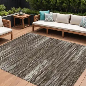 Photo of Brown And Ivory Striped Washable Indoor Outdoor Area Rug
