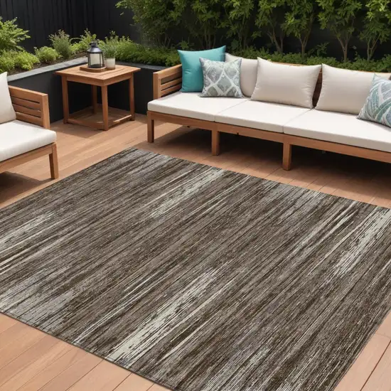 Brown And Ivory Striped Washable Indoor Outdoor Area Rug Photo 1