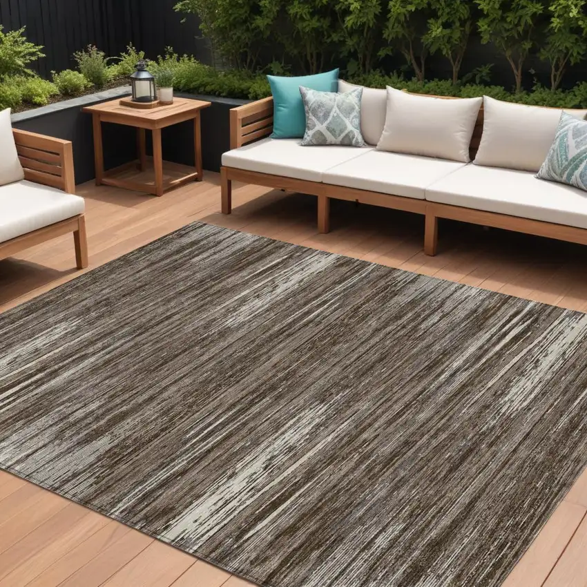 Brown And Ivory Striped Washable Indoor Outdoor Area Rug Photo 1