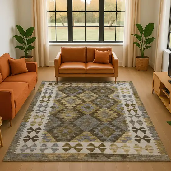 Brown And Ivory Tribal Washable Area Rug With UV Protection Photo 5