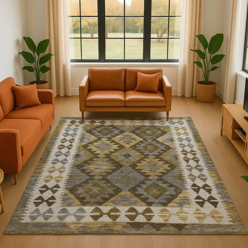 Brown And Ivory Tribal Washable Area Rug With UV Protection Photo 4