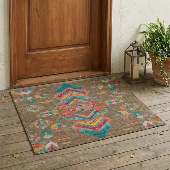 Brown And Ivory Tribal Washable Indoor Outdoor Area Rug Photo 1
