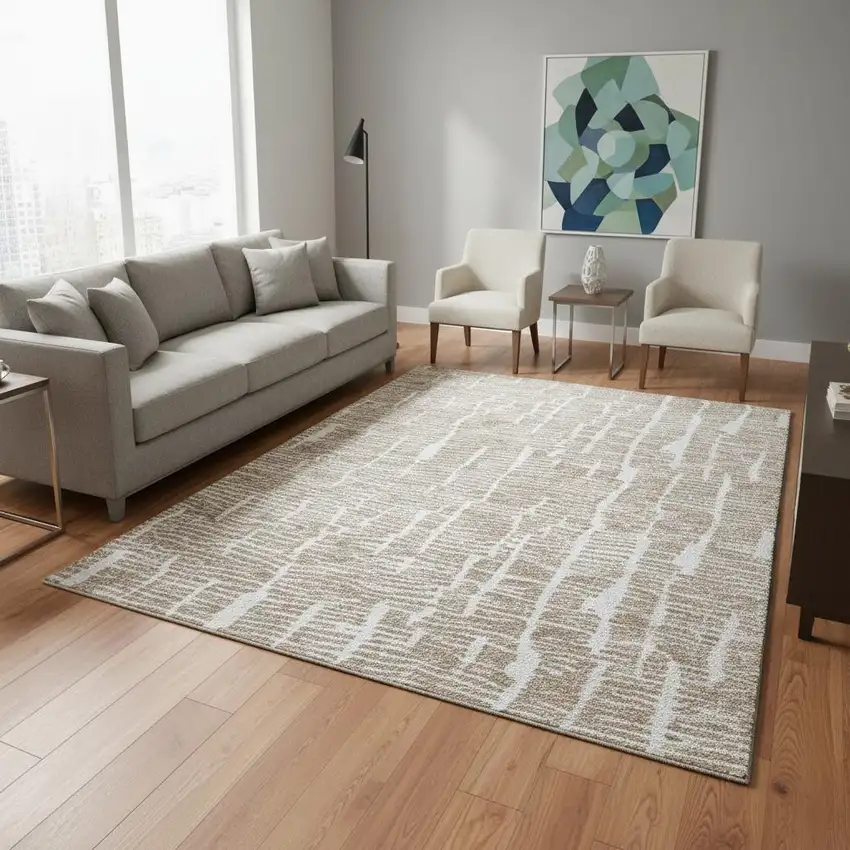 Brown And Ivory Vermicular Washable Area Rug With UV Protection Photo 2