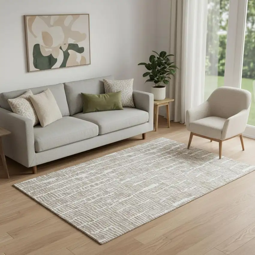 Brown And Ivory Vermicular Washable Area Rug With UV Protection Photo 1