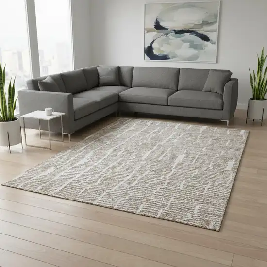 Brown And Ivory Vermicular Washable Area Rug With UV Protection Photo 2