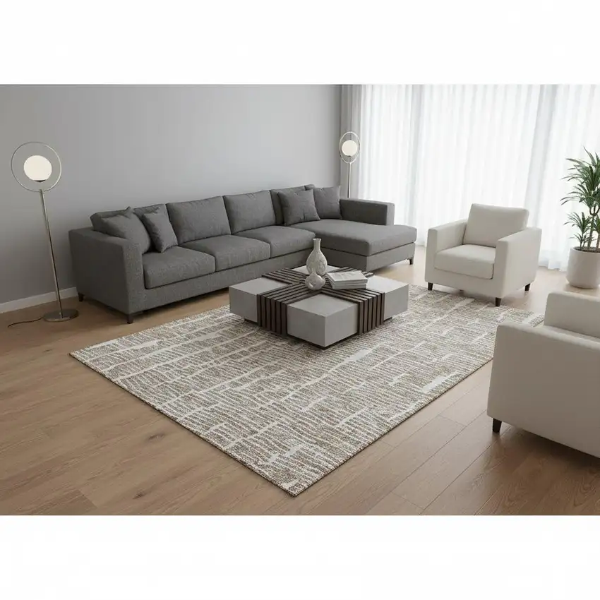 Brown And Ivory Vermicular Washable Area Rug With UV Protection Photo 2